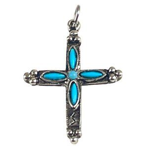 Vintage Silver Cross Pendant Faux Turquoise Inlay Accents Religious Charm Jewelr